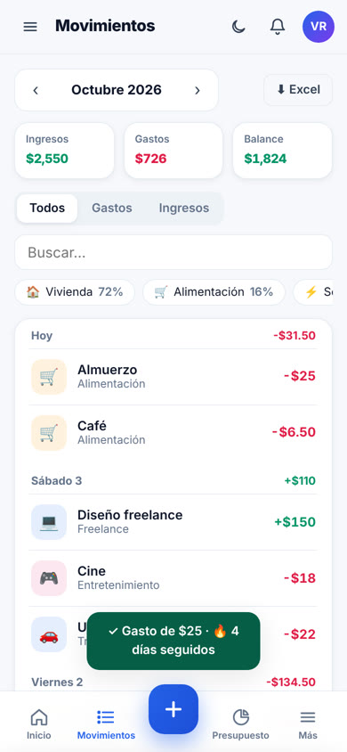 Movimientos en MisFinanzasApp