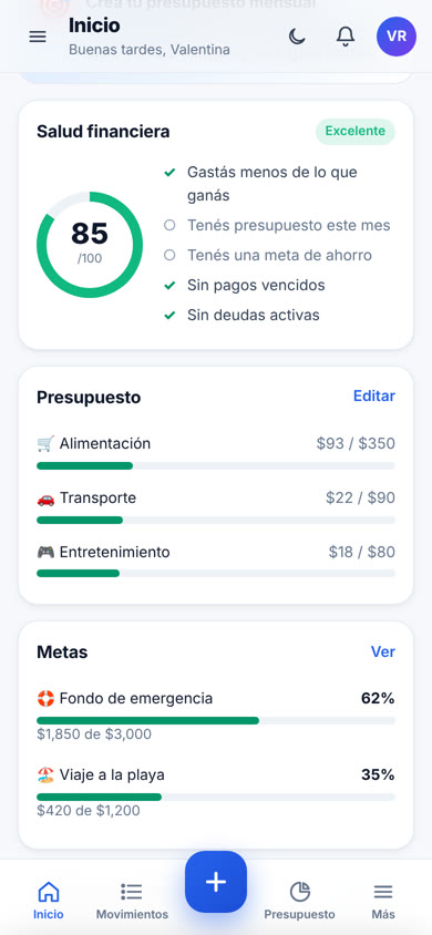 Salud financiera 0–100 en MisFinanzasApp